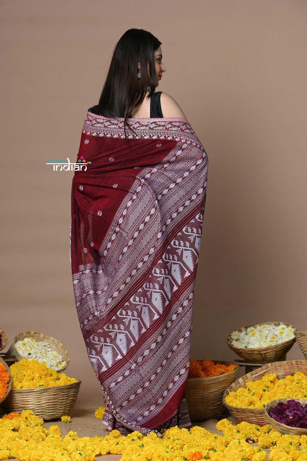 Very Much Indian Rajsi - Handloom Pure Cotton Saree with Hand-embroidered Symmetric Border - Maroon | Grocsy