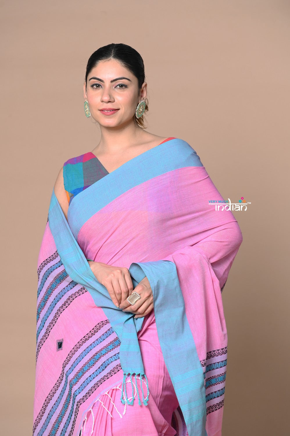 Very Much Indian Rajsi - Handloom Pure Cotton Saree with Classic Border and Pallu - Pink | Grocsy