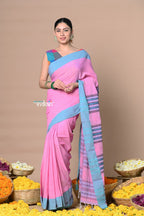 Very Much Indian Rajsi - Handloom Pure Cotton Saree with Classic Border and Pallu - Pink | Grocsy