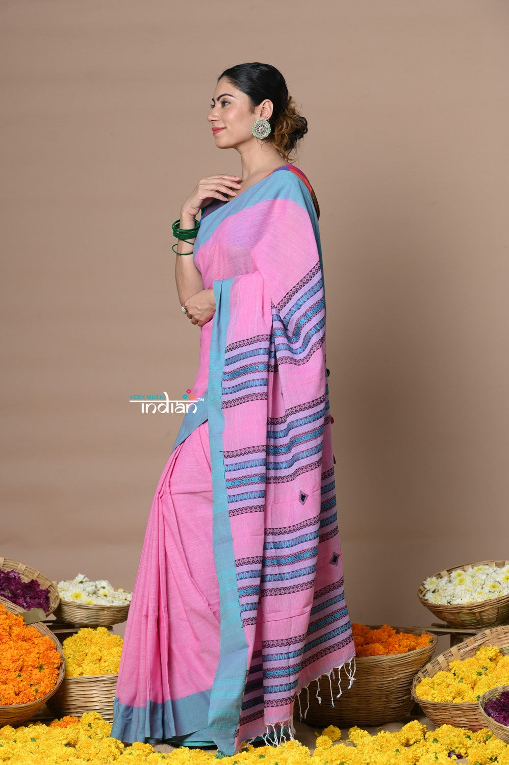 Very Much Indian Rajsi - Handloom Pure Cotton Saree with Classic Border and Pallu - Pink | Grocsy
