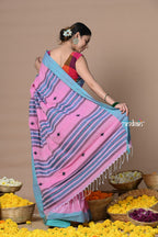 Very Much Indian Rajsi - Handloom Pure Cotton Saree with Classic Border and Pallu - Pink | Grocsy