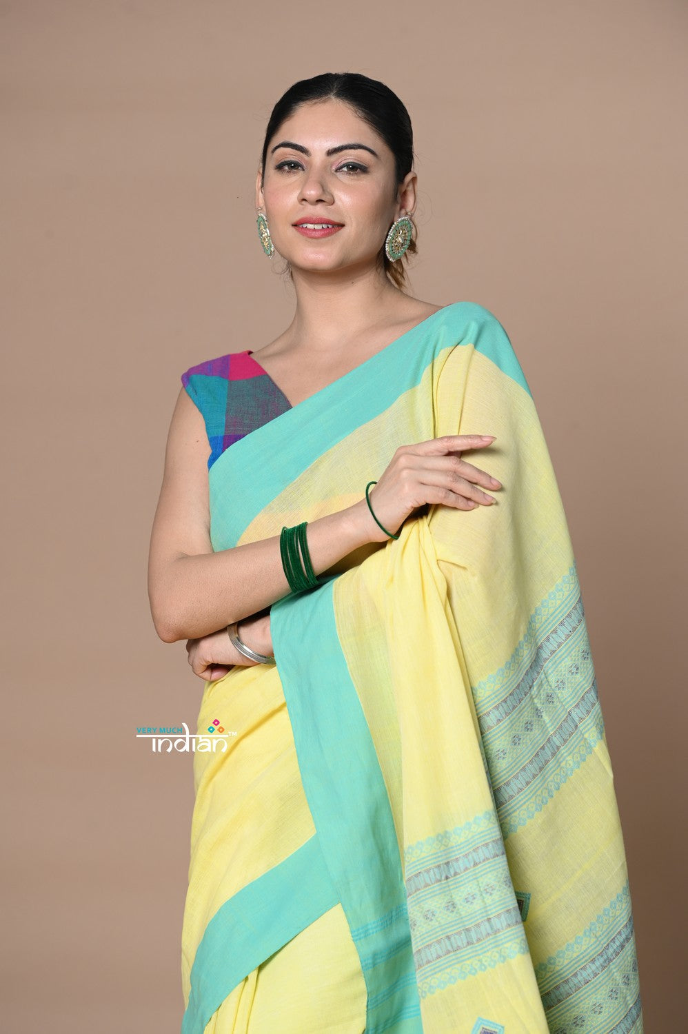 Very Much Indian Rajsi - Handloom Pure Cotton Saree with Classic Border and Pallu - Yellow | Grocsy