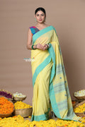 Very Much Indian Rajsi - Handloom Pure Cotton Saree with Classic Border and Pallu - Yellow | Grocsy
