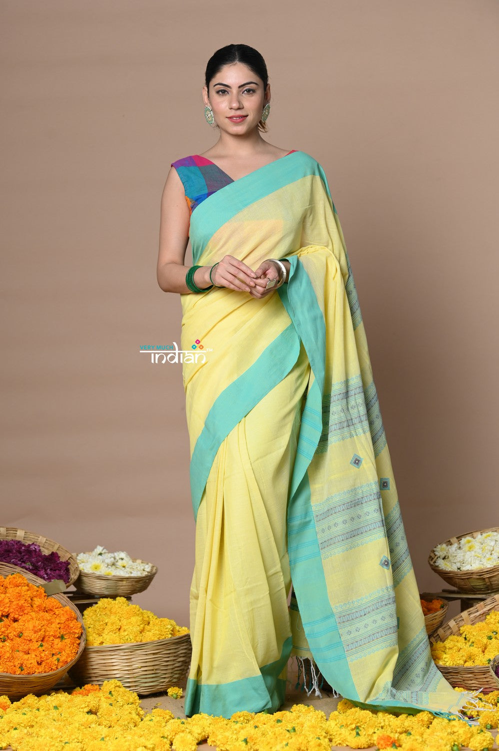 Very Much Indian Rajsi - Handloom Pure Cotton Saree with Classic Border and Pallu - Yellow | Grocsy
