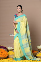 Very Much Indian Rajsi - Handloom Pure Cotton Saree with Classic Border and Pallu - Yellow | Grocsy