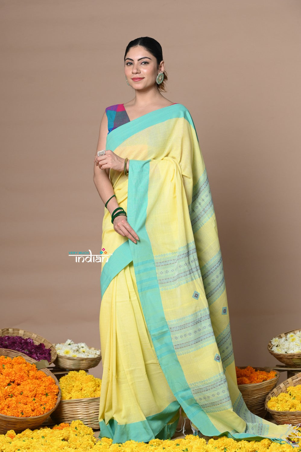 Very Much Indian Rajsi - Handloom Pure Cotton Saree with Classic Border and Pallu - Yellow | Grocsy