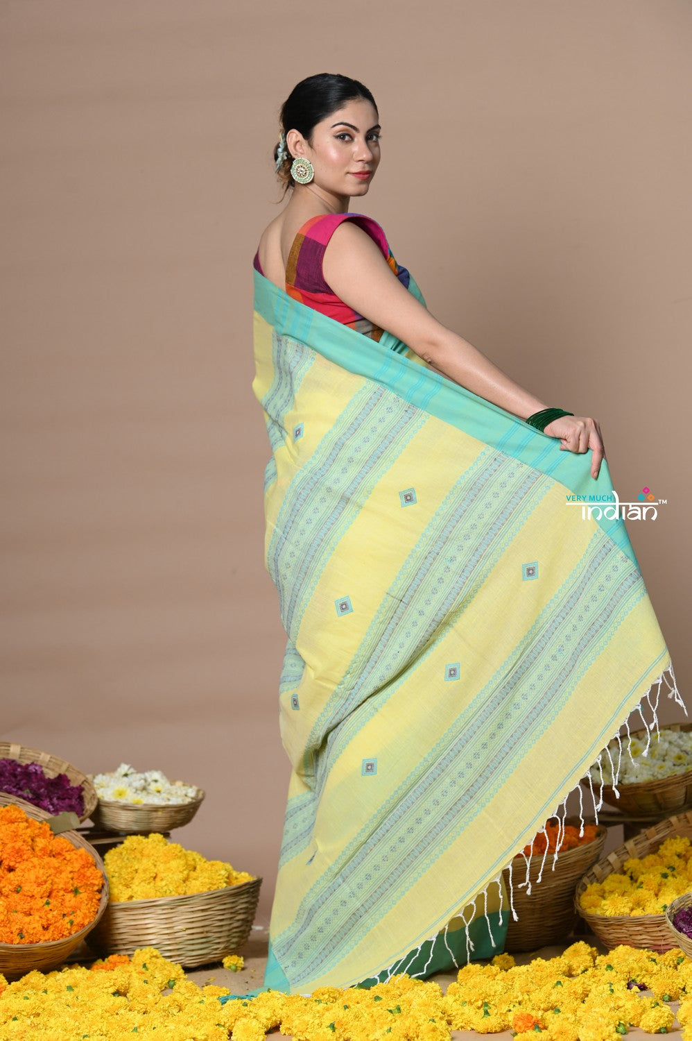 Very Much Indian Rajsi - Handloom Pure Cotton Saree with Classic Border and Pallu - Yellow | Grocsy
