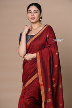 Very Much Indian Designed by VMI - High Quality Mul Cotton Handloom Woven with Sleek Border and Flower Buttis - Maroon | Grocsy