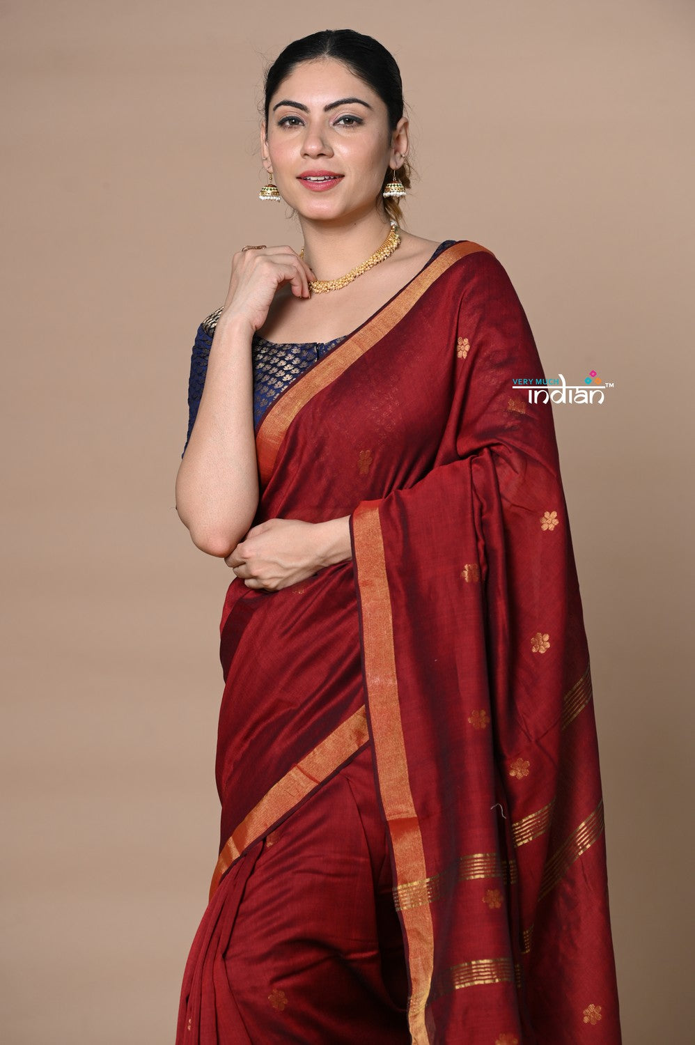 Very Much Indian Designed by VMI - High Quality Mul Cotton Handloom Woven with Sleek Border and Flower Buttis - Maroon | Grocsy