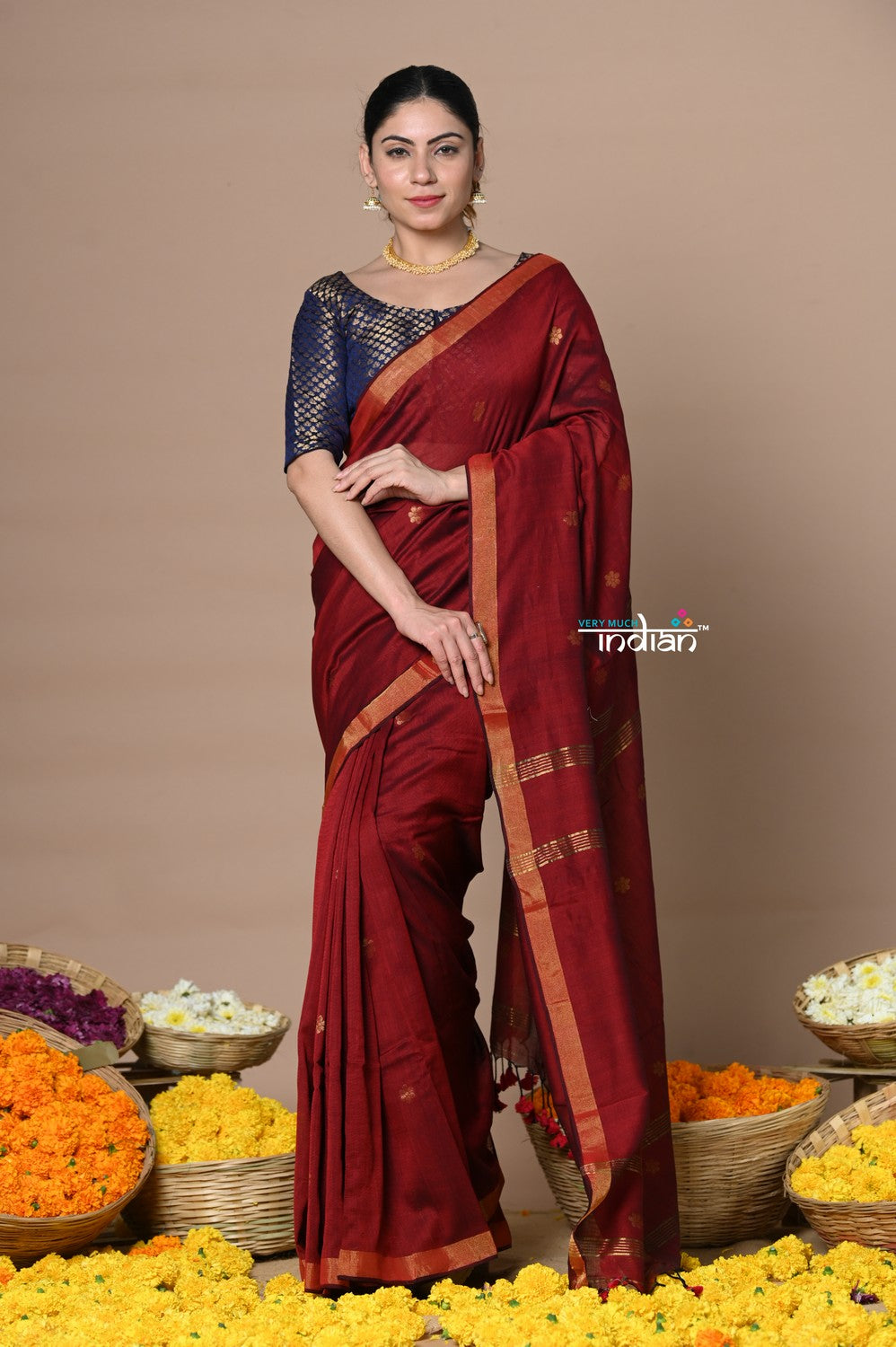 Very Much Indian Designed by VMI - High Quality Mul Cotton Handloom Woven with Sleek Border and Flower Buttis - Maroon | Grocsy