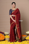 Very Much Indian Designed by VMI - High Quality Mul Cotton Handloom Woven with Sleek Border and Flower Buttis - Maroon | Grocsy