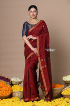Very Much Indian Designed by VMI - High Quality Mul Cotton Handloom Woven with Sleek Border and Flower Buttis - Maroon | Grocsy