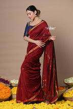 Very Much Indian Designed by VMI - High Quality Mul Cotton Handloom Woven with Sleek Border and Flower Buttis - Maroon | Grocsy