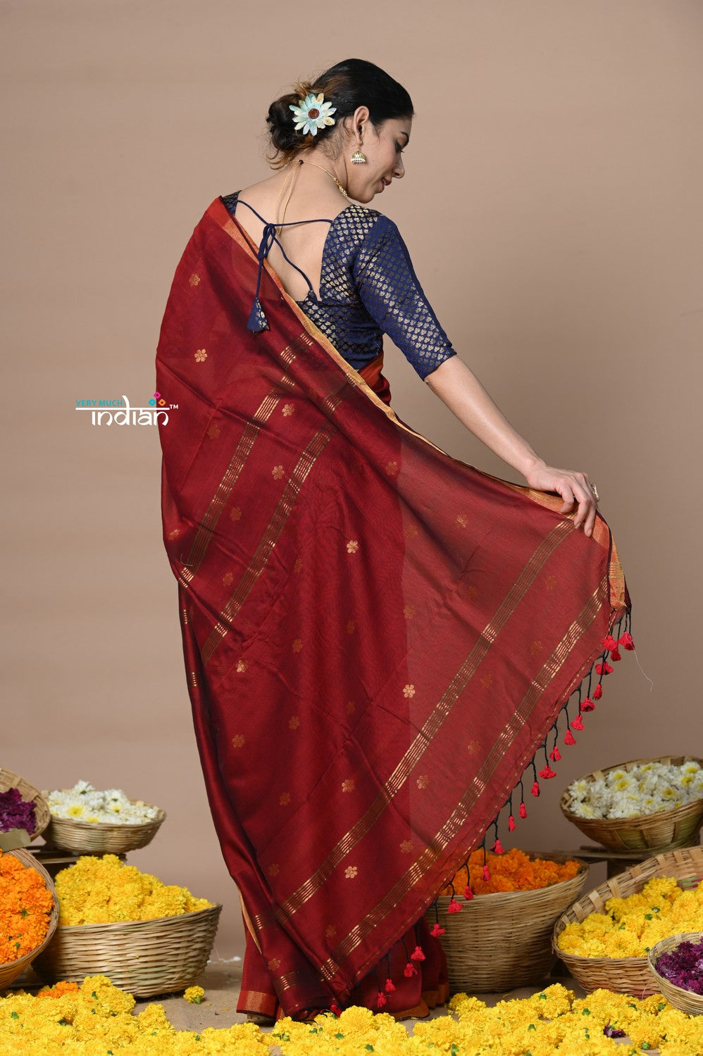 Very Much Indian Designed by VMI - High Quality Mul Cotton Handloom Woven with Sleek Border and Flower Buttis - Maroon | Grocsy