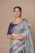 Very Much Indian Rajsi - Handloom Cotton Silk Saree with Golden Border - Grey | Grocsy