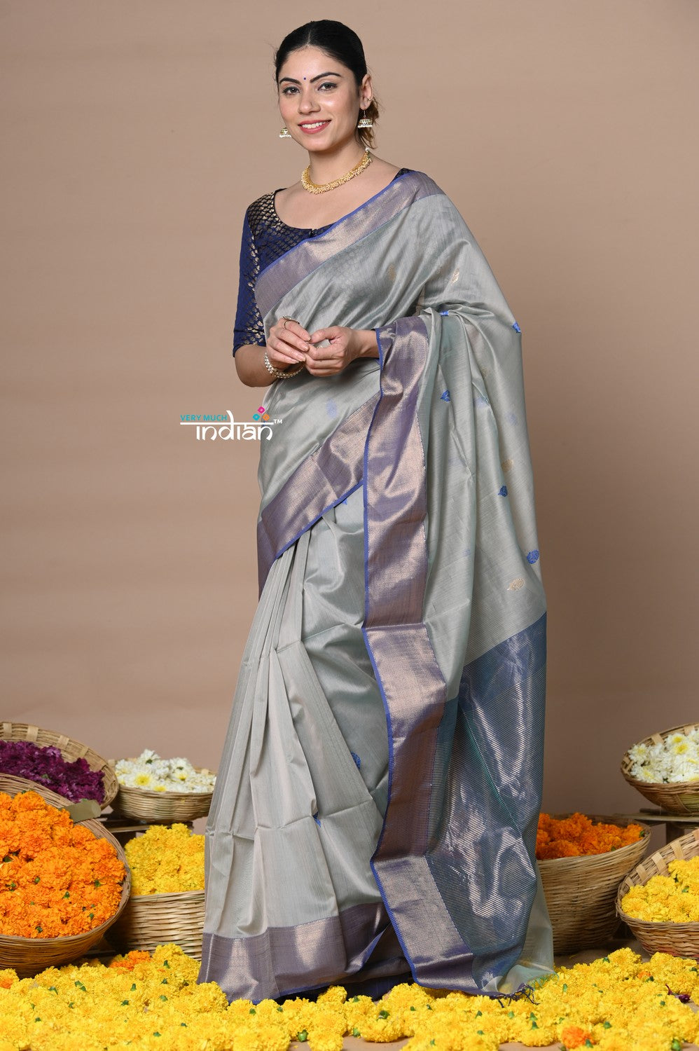 Very Much Indian Rajsi - Handloom Cotton Silk Saree with Golden Border - Grey | Grocsy