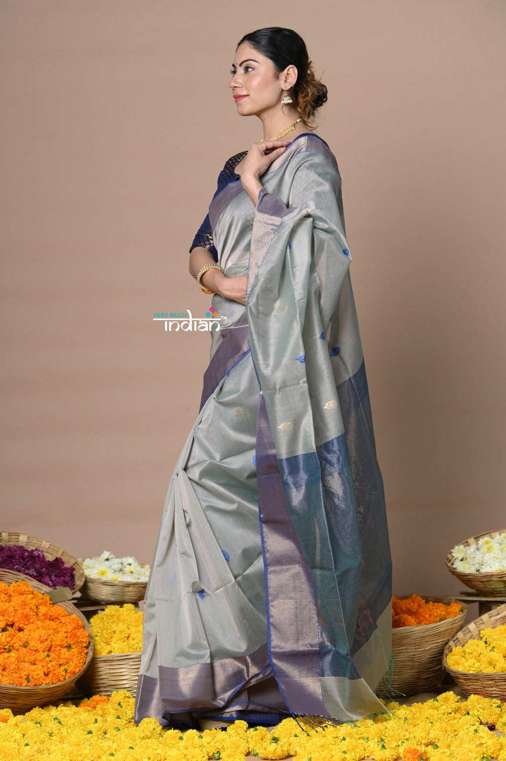 Very Much Indian Rajsi - Handloom Cotton Silk Saree with Golden Border - Grey | Grocsy