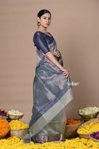 Very Much Indian Rajsi - Handloom Cotton Silk Saree with Golden Border - Grey | Grocsy