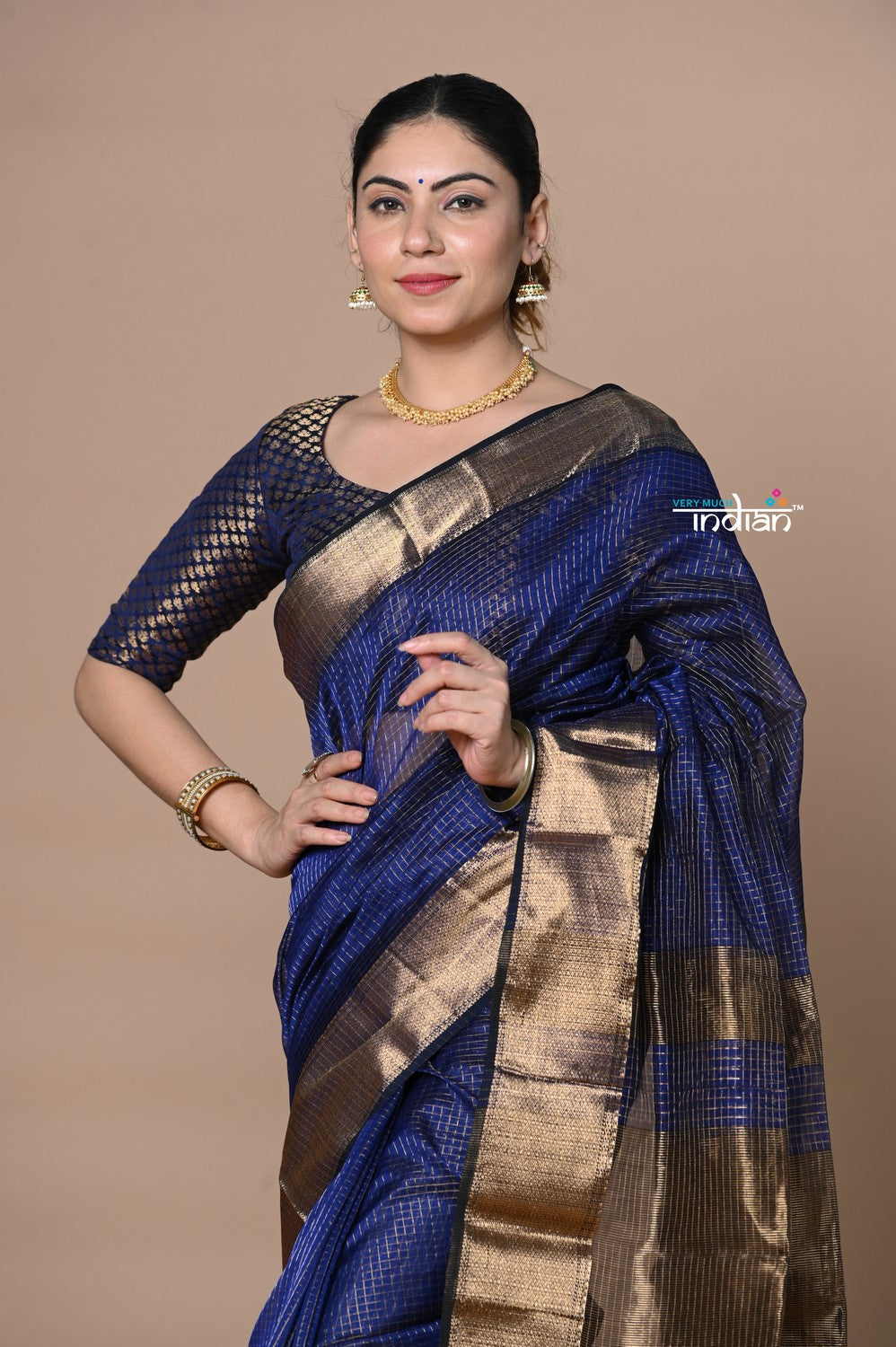 Very Much Indian Rajsi - Handloom Ari Checks Cotton Silk Saree with Golden Border - Dark Blue | Grocsy