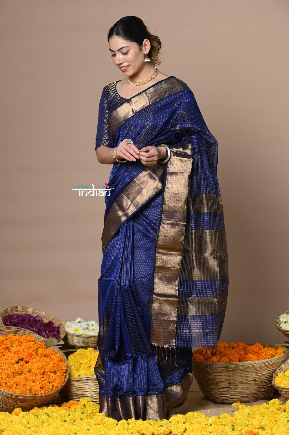 Very Much Indian Rajsi - Handloom Ari Checks Cotton Silk Saree with Golden Border - Dark Blue | Grocsy
