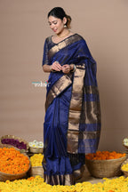 Very Much Indian Rajsi - Handloom Ari Checks Cotton Silk Saree with Golden Border - Dark Blue | Grocsy