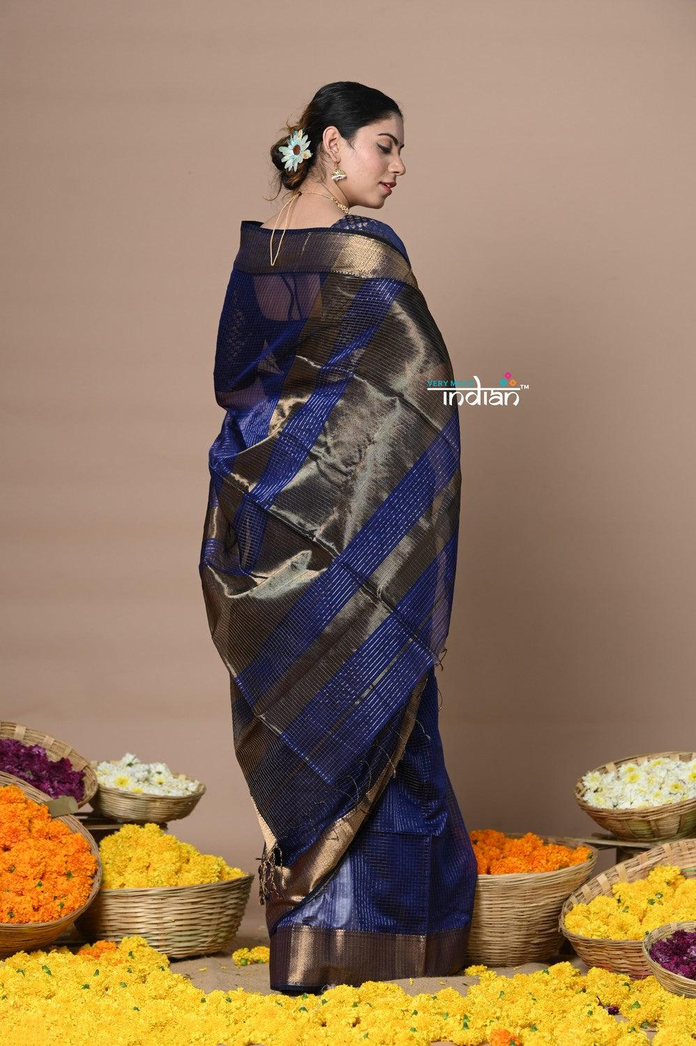 Very Much Indian Rajsi - Handloom Ari Checks Cotton Silk Saree with Golden Border - Dark Blue | Grocsy