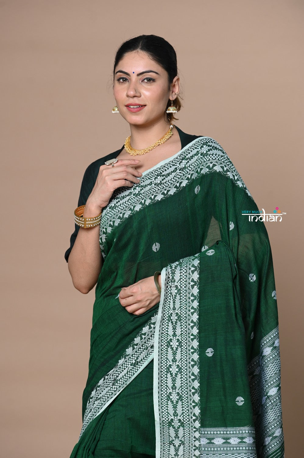 Very Much Indian Rajsi - Handloom Pure Cotton Saree with Hand-embroidered Symmetric Border - Green | Grocsy