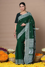 Very Much Indian Rajsi - Handloom Pure Cotton Saree with Hand-embroidered Symmetric Border - Green | Grocsy