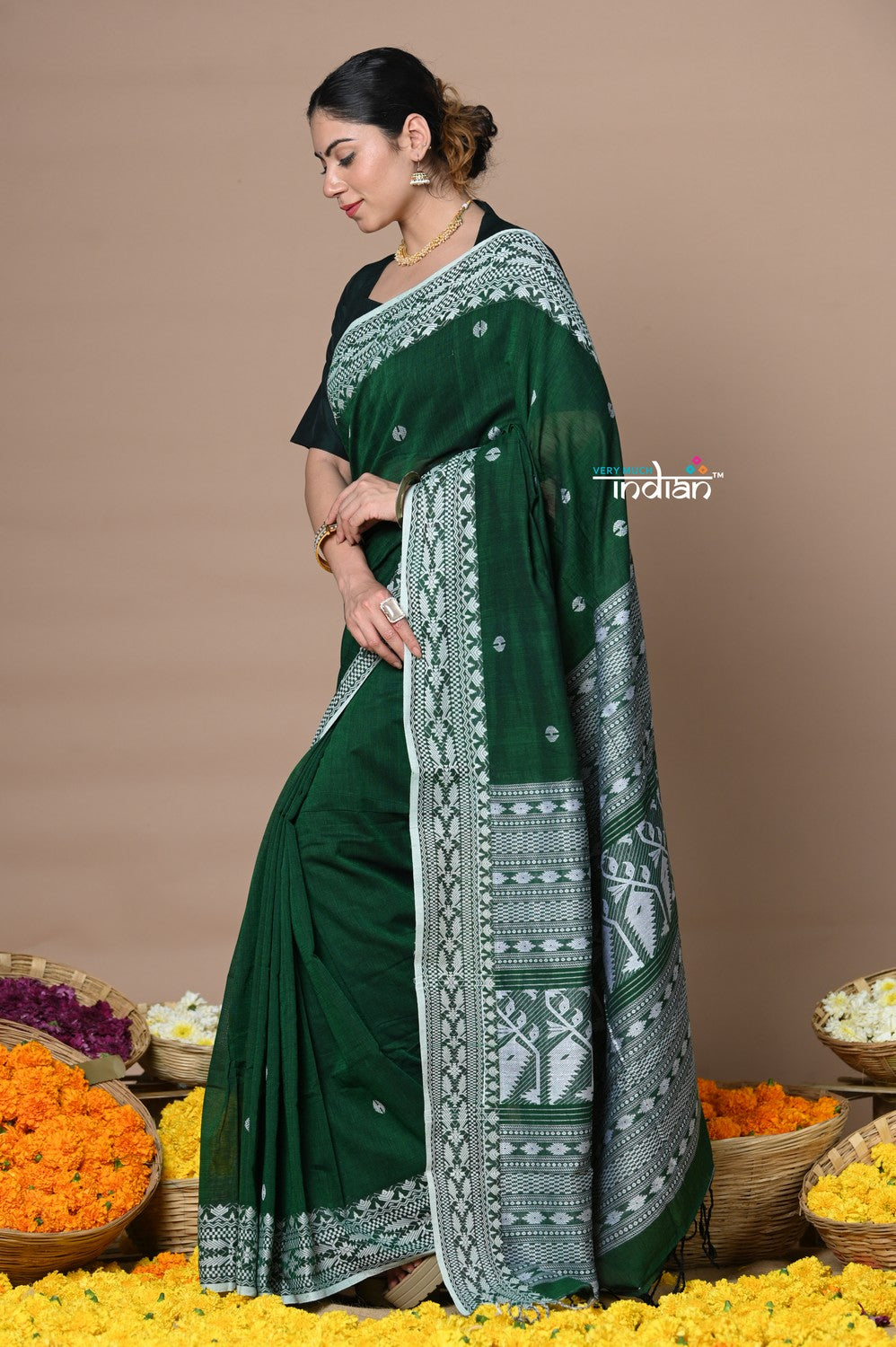 Very Much Indian Rajsi - Handloom Pure Cotton Saree with Hand-embroidered Symmetric Border - Green | Grocsy
