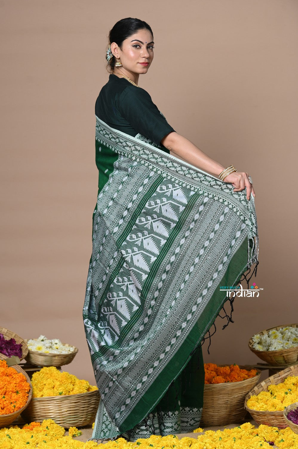 Very Much Indian Rajsi - Handloom Pure Cotton Saree with Hand-embroidered Symmetric Border - Green | Grocsy