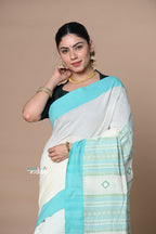 Very Much Indian Rajsi - Handloom Pure Cotton Saree with Classic Border and Pallu - White | Grocsy
