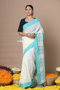 Very Much Indian Rajsi - Handloom Pure Cotton Saree with Classic Border and Pallu - White | Grocsy