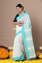 Very Much Indian Rajsi - Handloom Pure Cotton Saree with Classic Border and Pallu - White | Grocsy