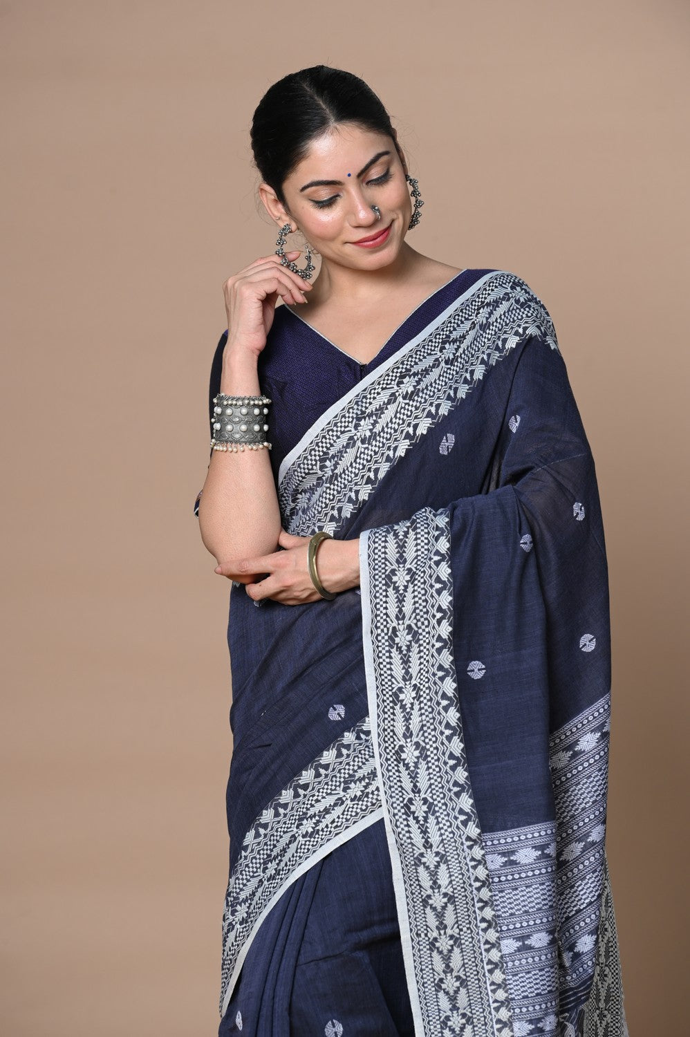 Very Much Indian Rajsi - Handloom Pure Cotton Saree with Hand-embroidered Symmetric Border - Dark Blue | Grocsy