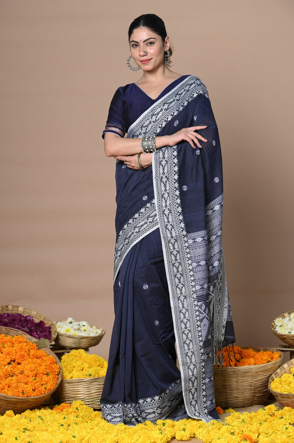 Very Much Indian Rajsi - Handloom Pure Cotton Saree with Hand-embroidered Symmetric Border - Dark Blue | Grocsy