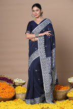 Very Much Indian Rajsi - Handloom Pure Cotton Saree with Hand-embroidered Symmetric Border - Dark Blue | Grocsy