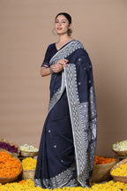 Very Much Indian Rajsi - Handloom Pure Cotton Saree with Hand-embroidered Symmetric Border - Dark Blue | Grocsy