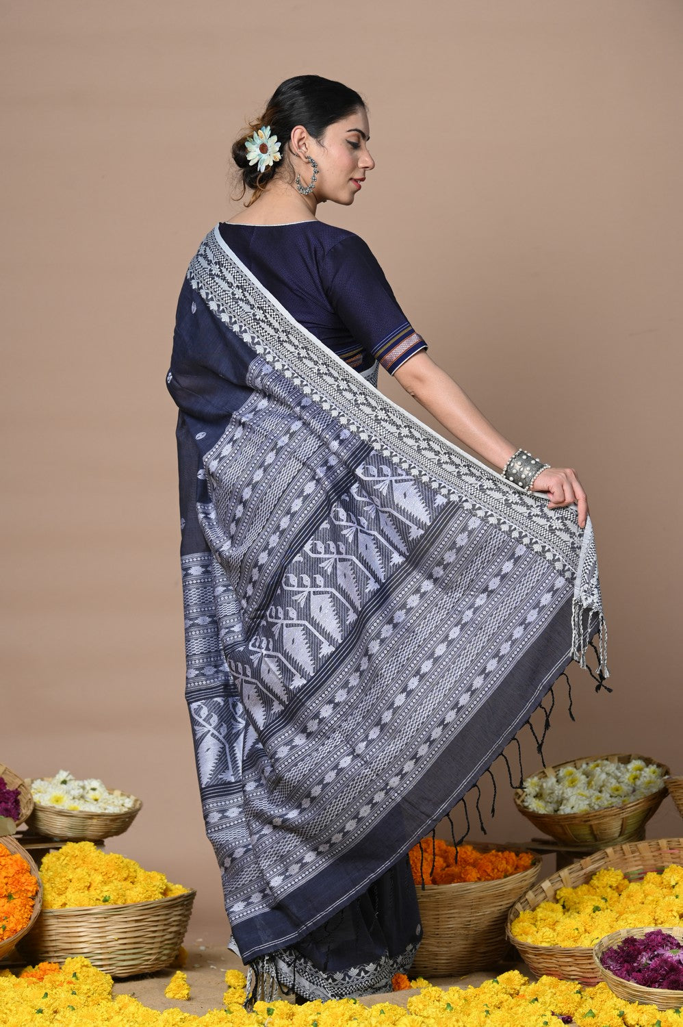 Very Much Indian Rajsi - Handloom Pure Cotton Saree with Hand-embroidered Symmetric Border - Dark Blue | Grocsy
