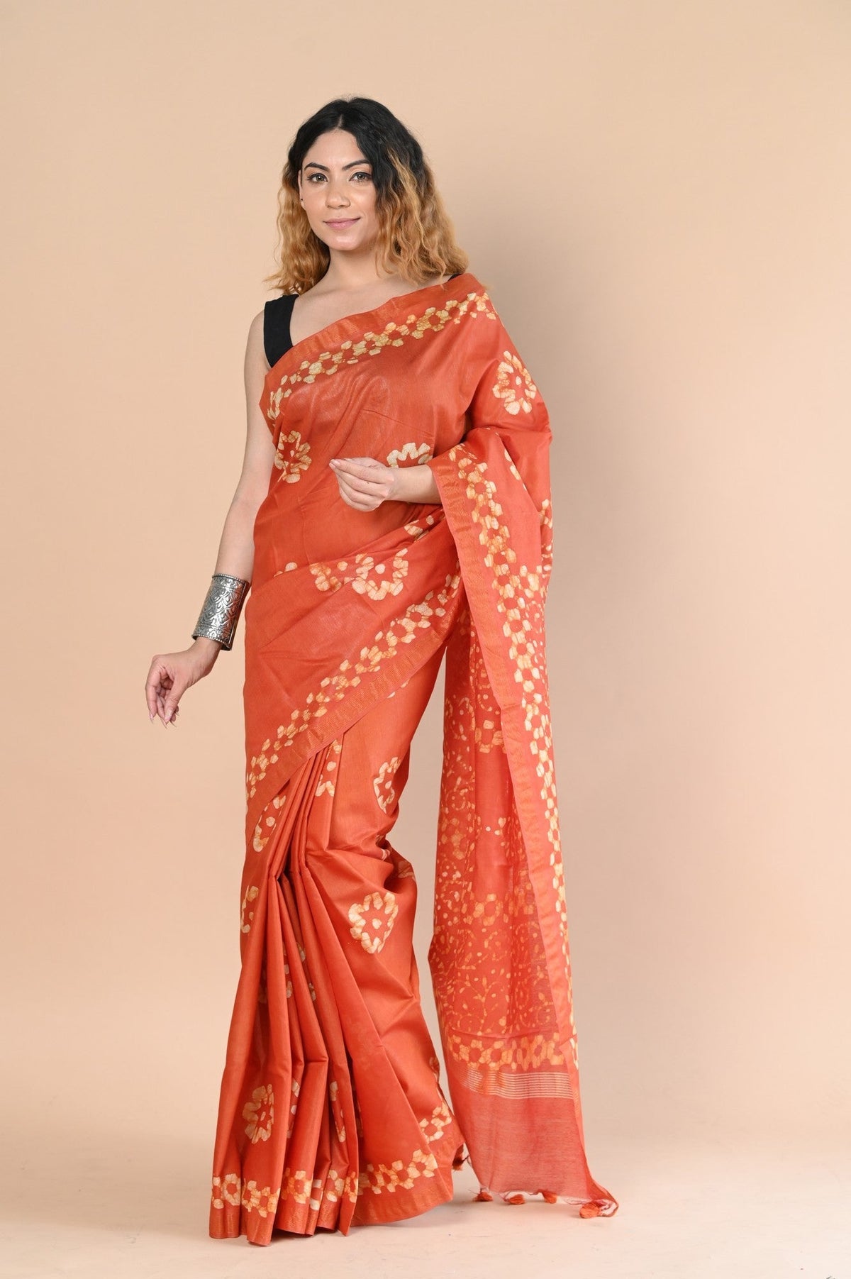 Very Much Indian Authentic Handloom Pure Cotton Saree with Hand Batik Work | Grocsy