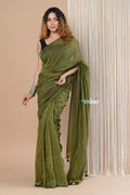 Very Much Indian Designer Pure Cotton Sarees with All over Linear Stripes - Pine Green | Grocsy