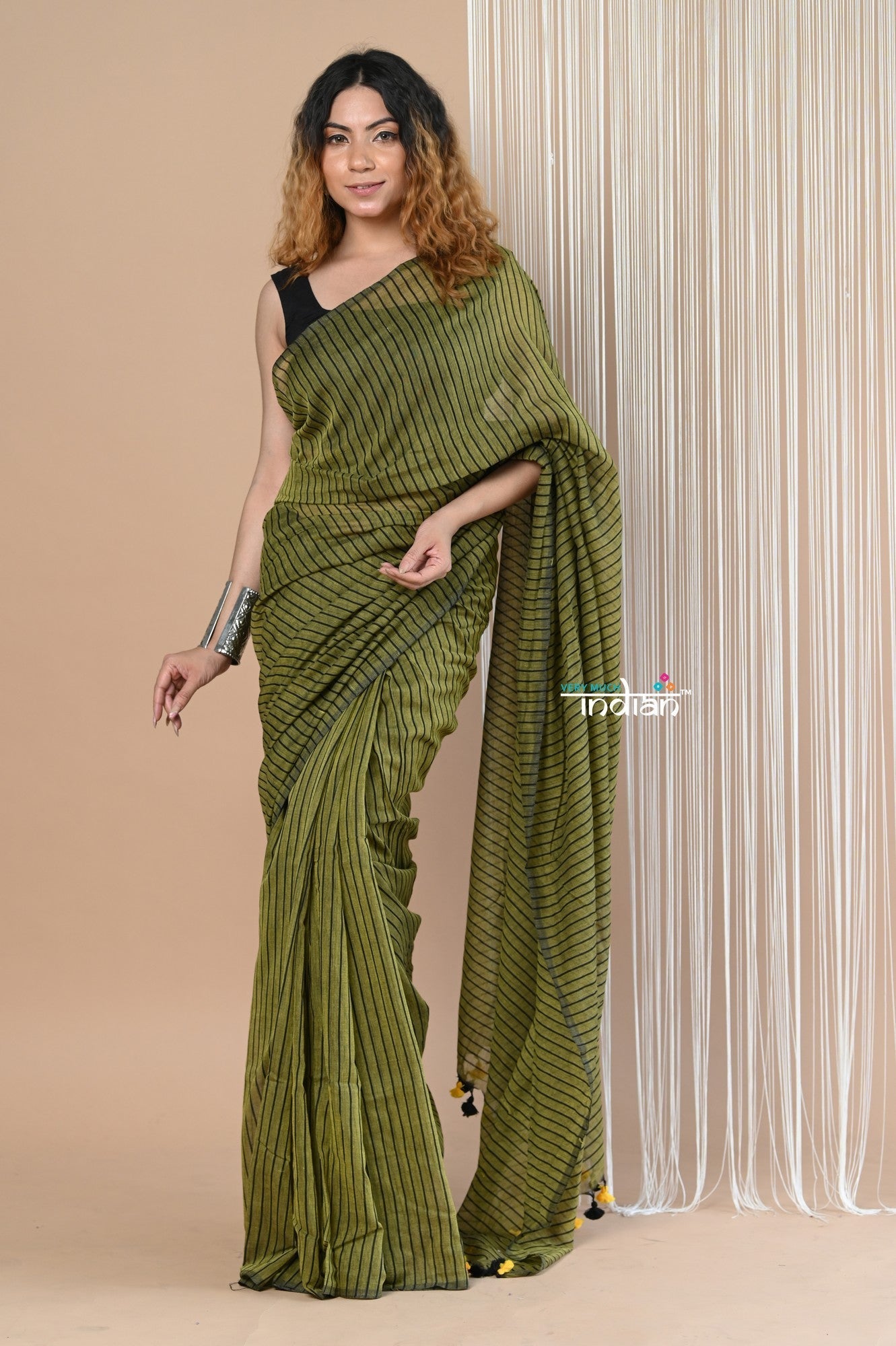 Very Much Indian Designer Pure Cotton Sarees with All over Linear Stripes - Pine Green | Grocsy