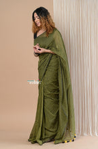 Very Much Indian Designer Pure Cotton Sarees with All over Linear Stripes - Pine Green | Grocsy