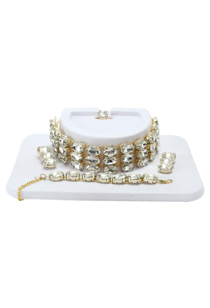 Mominos Fashion Johar Kamal Gold-Polished Finish Stone Choker For Women (White) | Grocsy