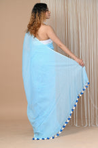 Very Much Indian Designer Pure Cotton Sarees with All over Linear Stripes - Sky Blue | Grocsy