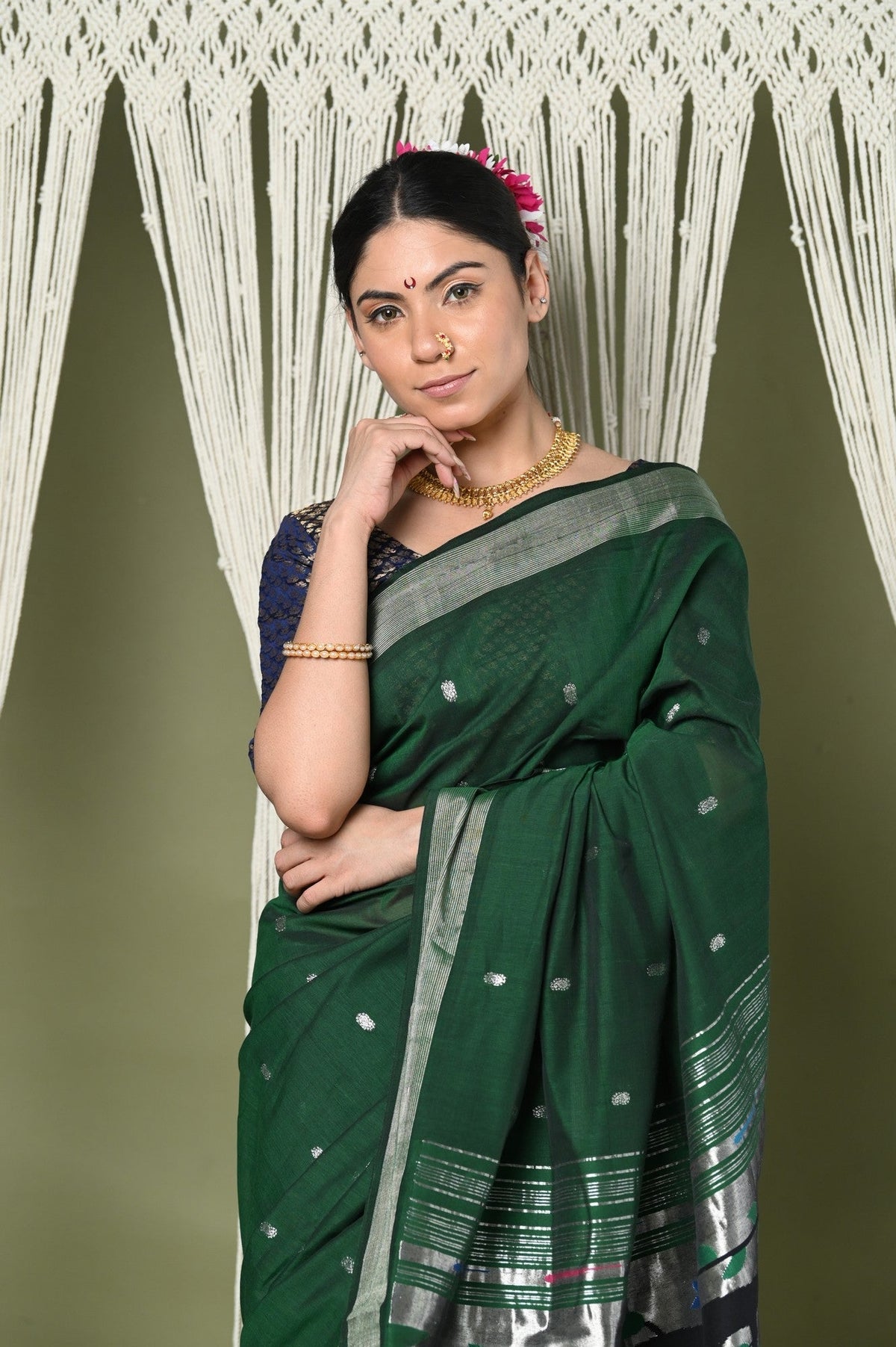 Very Much Indian EXCLUSIVE! Silver Zari Handloom High Quality Pure Cotton Paithani Radha Krishna Pallu | Grocsy