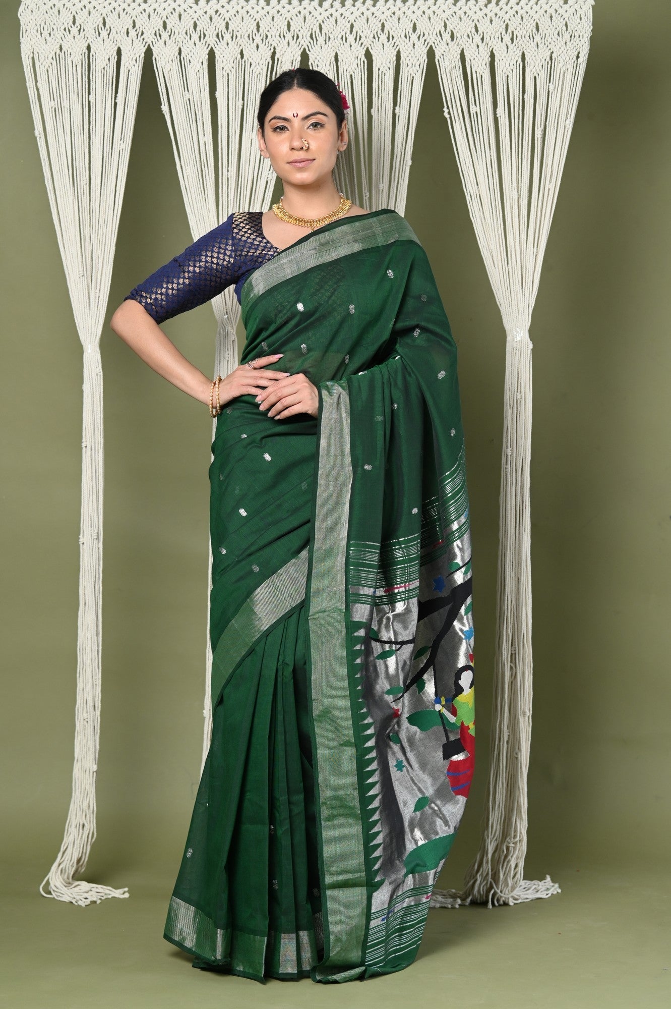 Very Much Indian EXCLUSIVE! Silver Zari Handloom High Quality Pure Cotton Paithani Radha Krishna Pallu | Grocsy