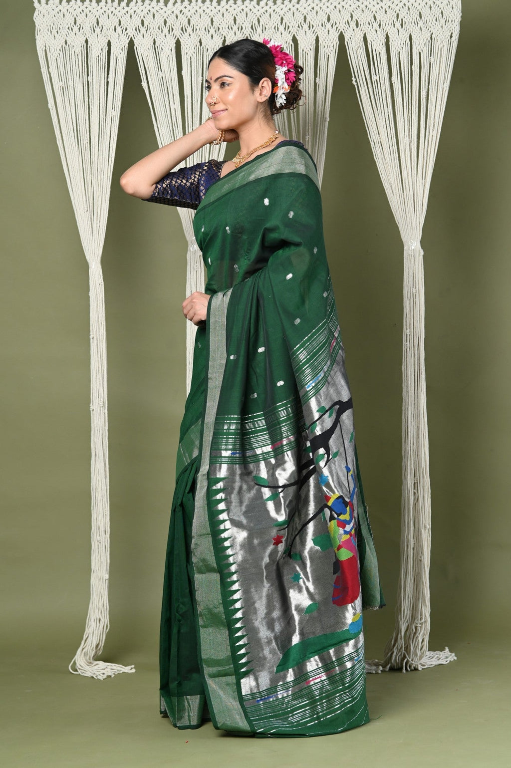 Very Much Indian EXCLUSIVE! Silver Zari Handloom High Quality Pure Cotton Paithani Radha Krishna Pallu | Grocsy