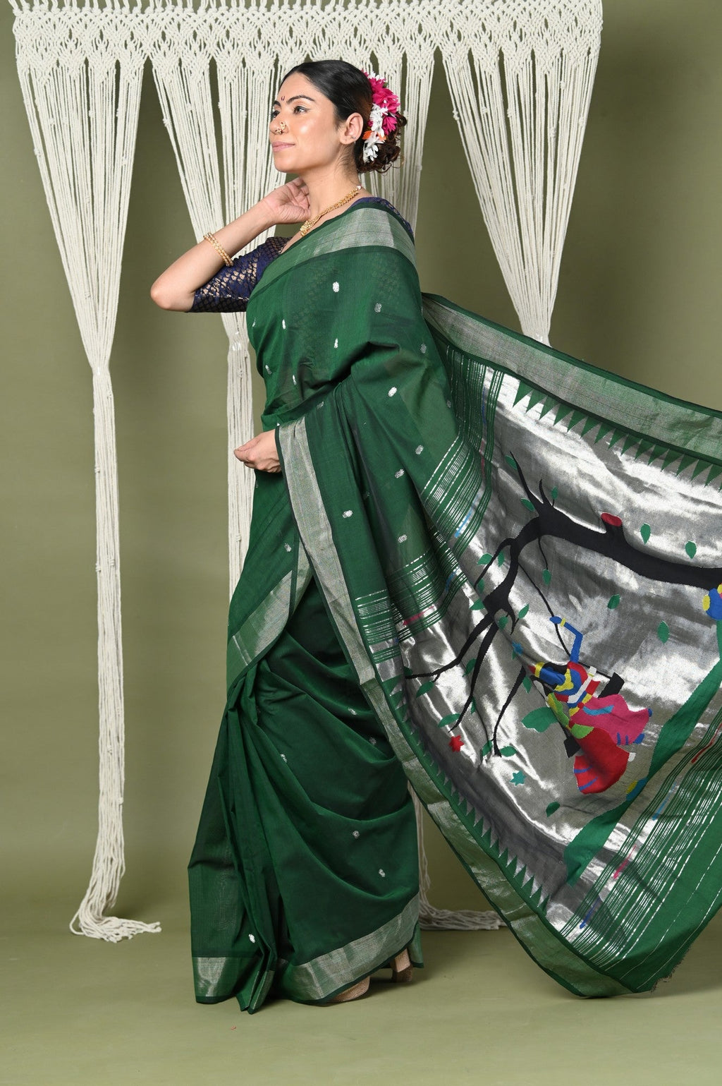 Very Much Indian EXCLUSIVE! Silver Zari Handloom High Quality Pure Cotton Paithani Radha Krishna Pallu | Grocsy