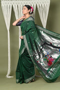 Very Much Indian EXCLUSIVE! Silver Zari Handloom High Quality Pure Cotton Paithani Radha Krishna Pallu | Grocsy