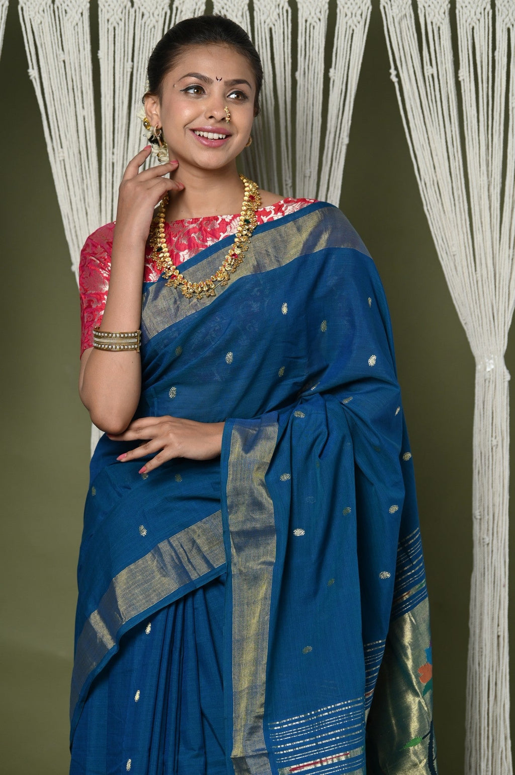Very Much Indian EXCLUSIVE! Handloom Pure Cotton Paithani With Peacock Pallu - Teal Blue | Grocsy